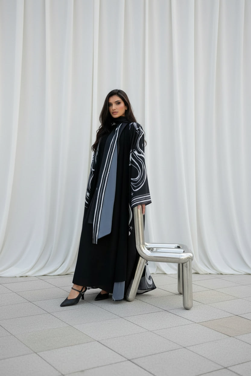 Black Abstract Print Abaya and Hijab Set for Everyday Wear, product view 2 1